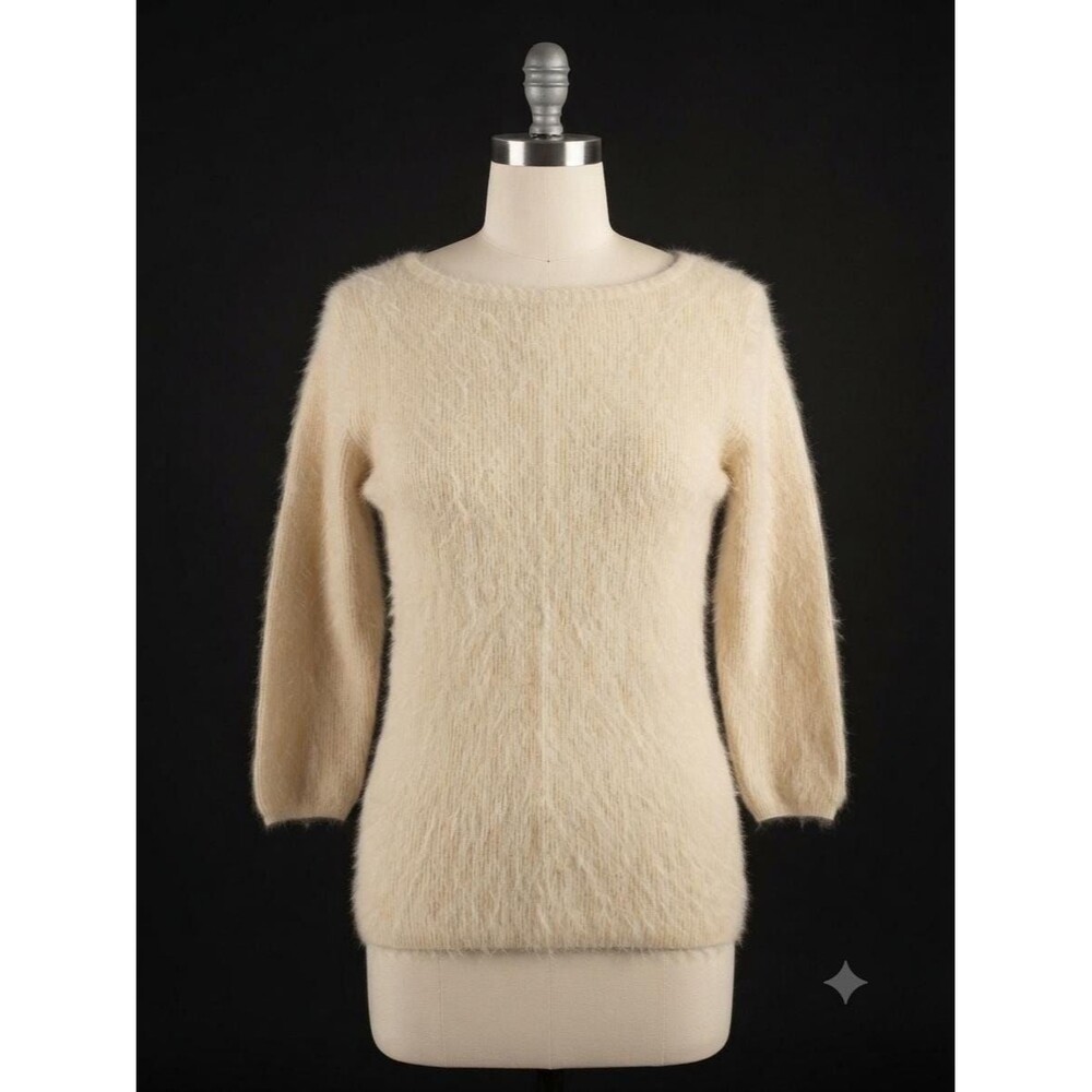 Vintage Burdines Florida Angora Blend Boatneck Fuzzy Cream Sweater Medium